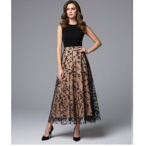 Floral Flocking Tulle Long A-Line Skirt